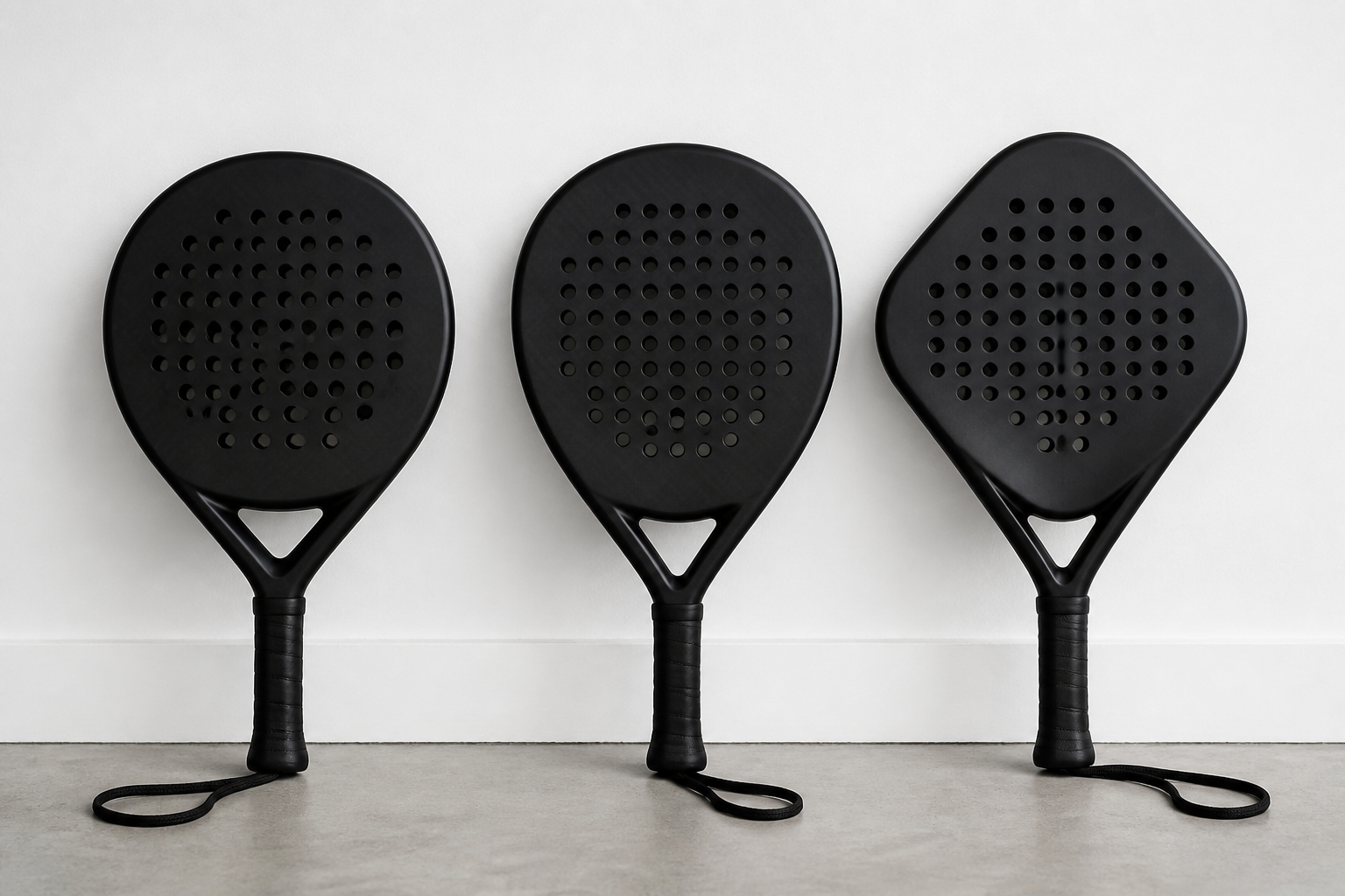 Drie verschillende vormen padelrackets naast elkaar ter illustratie van de relatie tussen vorm en balans padelracket.