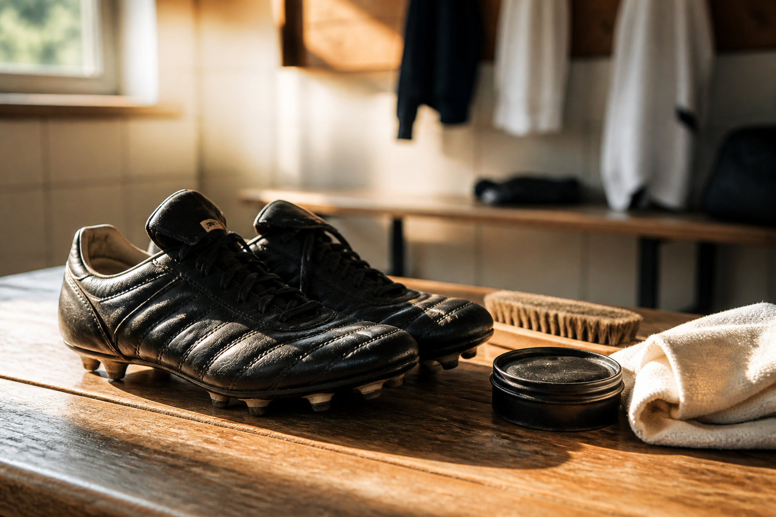 Set voor het onderhouden van lederen voetbalschoenen met borstel en vet op een houten bankje.