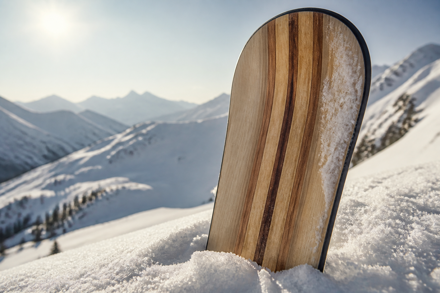 Close-up van een van de beste snowboards voor 2027 in de verse poedersneeuw op een zonnige bergtop.