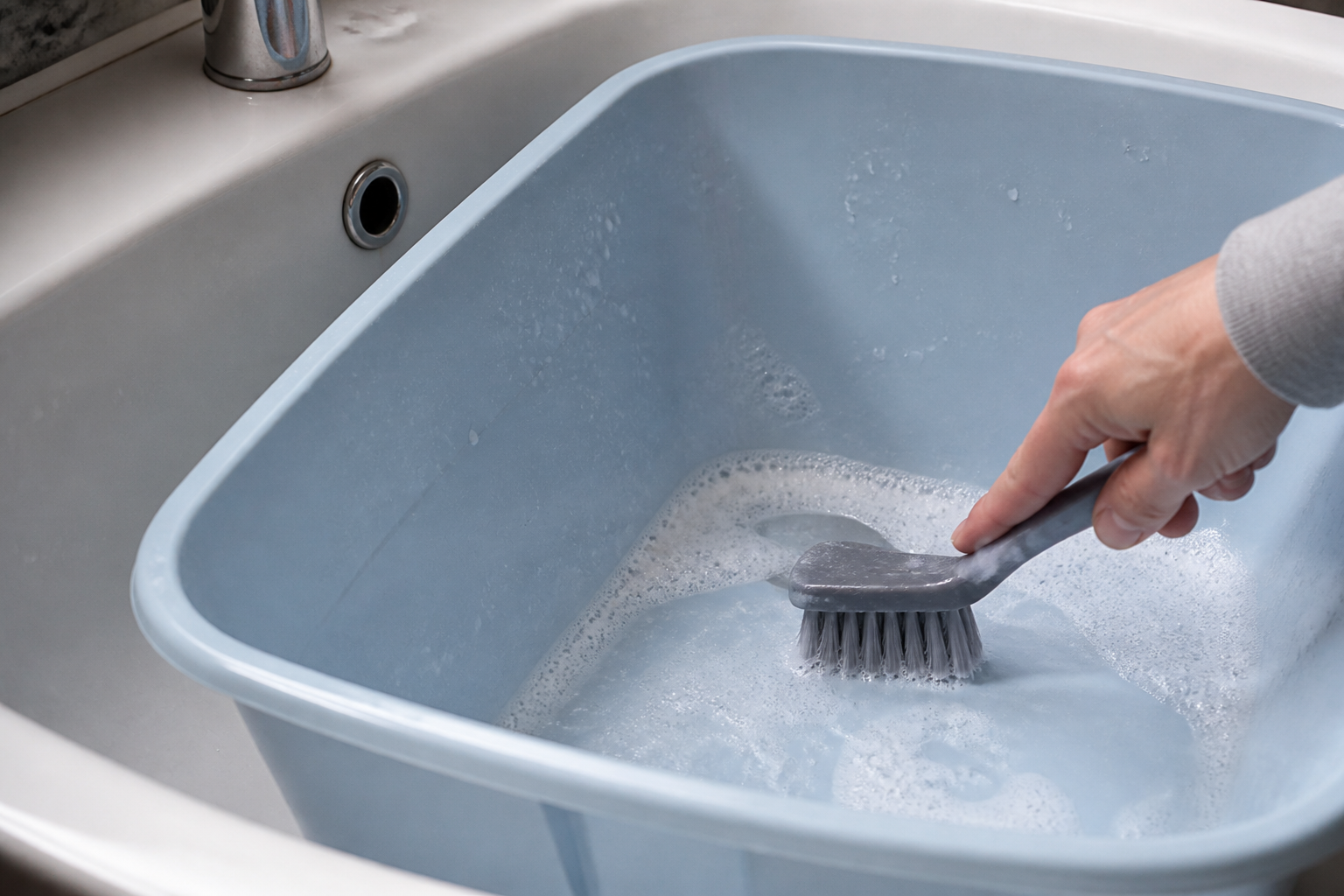 Grondige reiniging van de plastic kattenbak met water en zeep voor optimale hygiëne.
