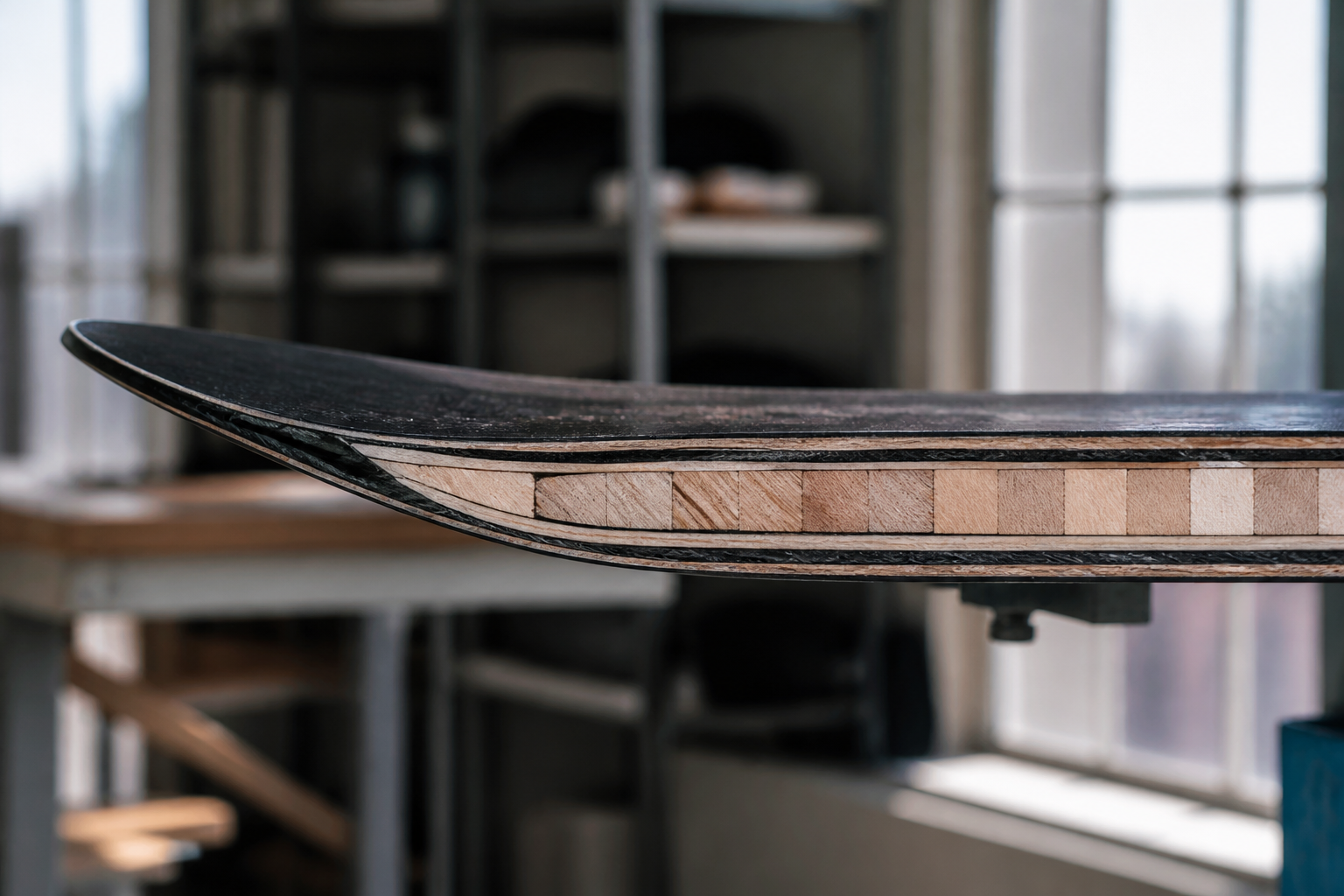 Gedetailleerde weergave van de technologische materialen en lagen in een modern snowboard.