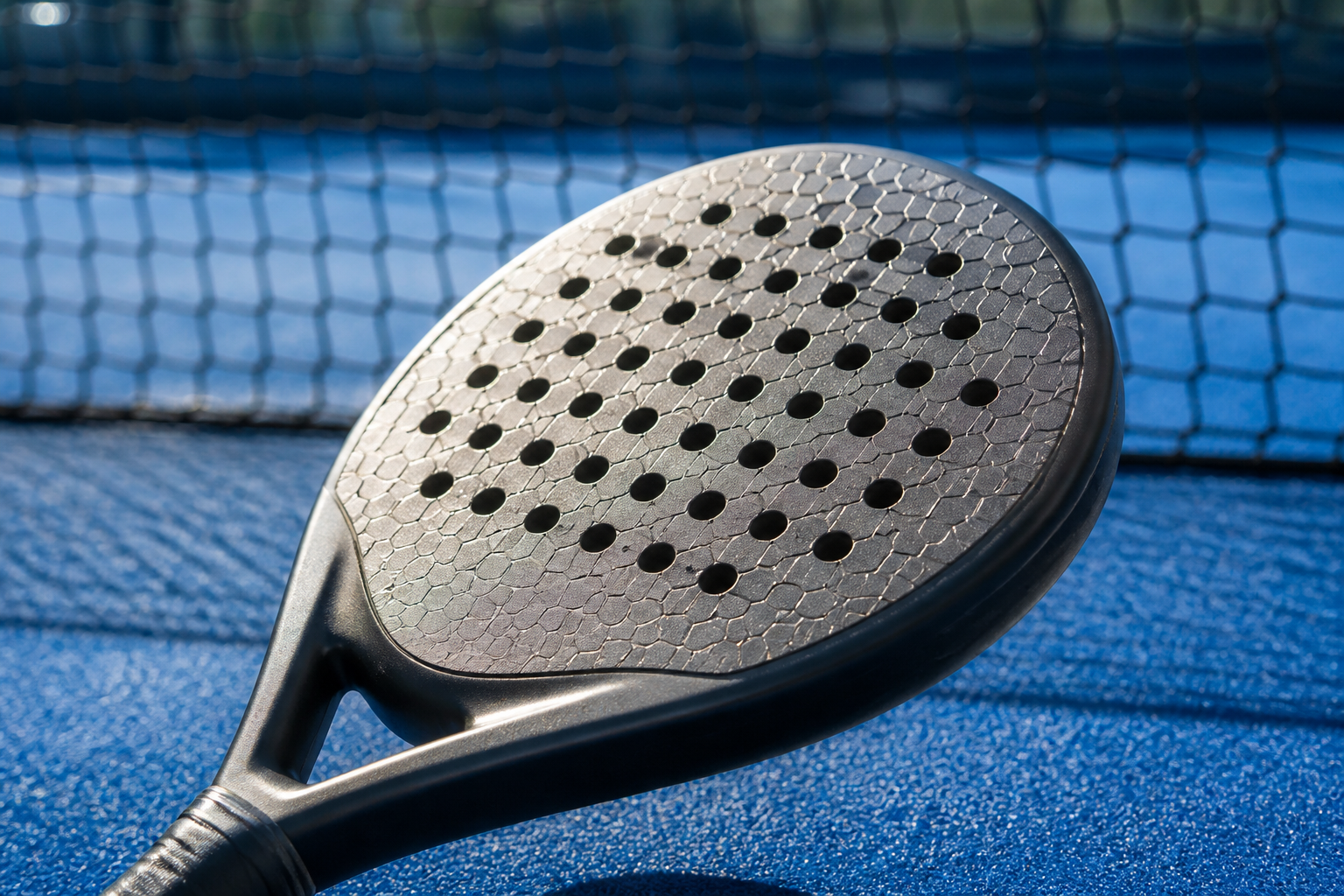 Close-up van een modern padelracket met 3D-textuur en innovaties op een blauwe padelbaan.