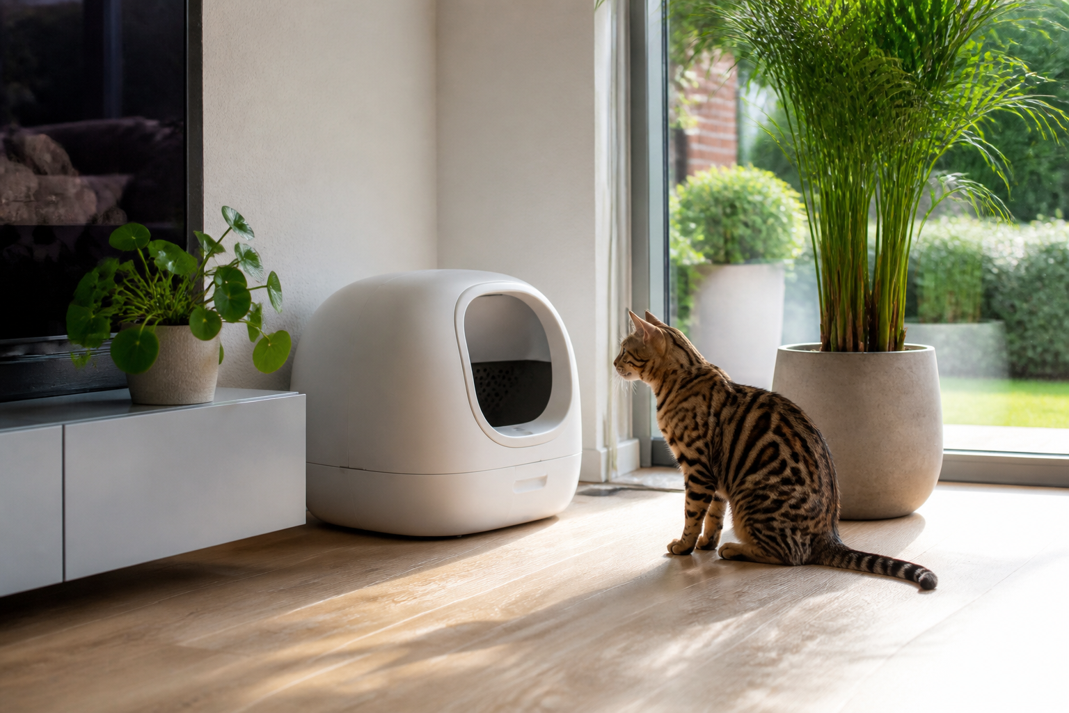 De beste automatische kattenbak in een modern interieur met een kat die toekijkt.
