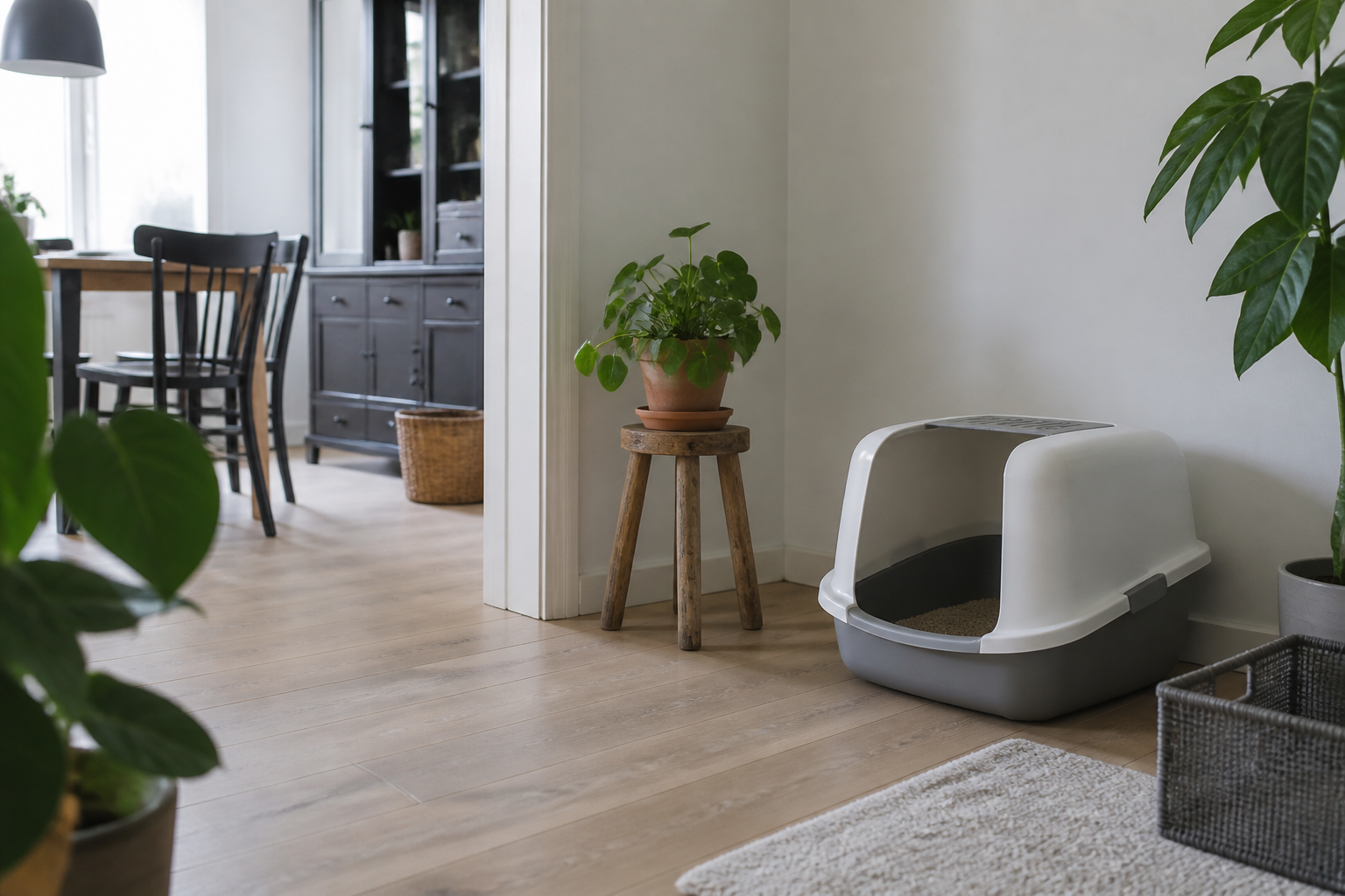 De ideale plaatsing van een kattenbak voor een kitten in een rustige hoek van de kamer.