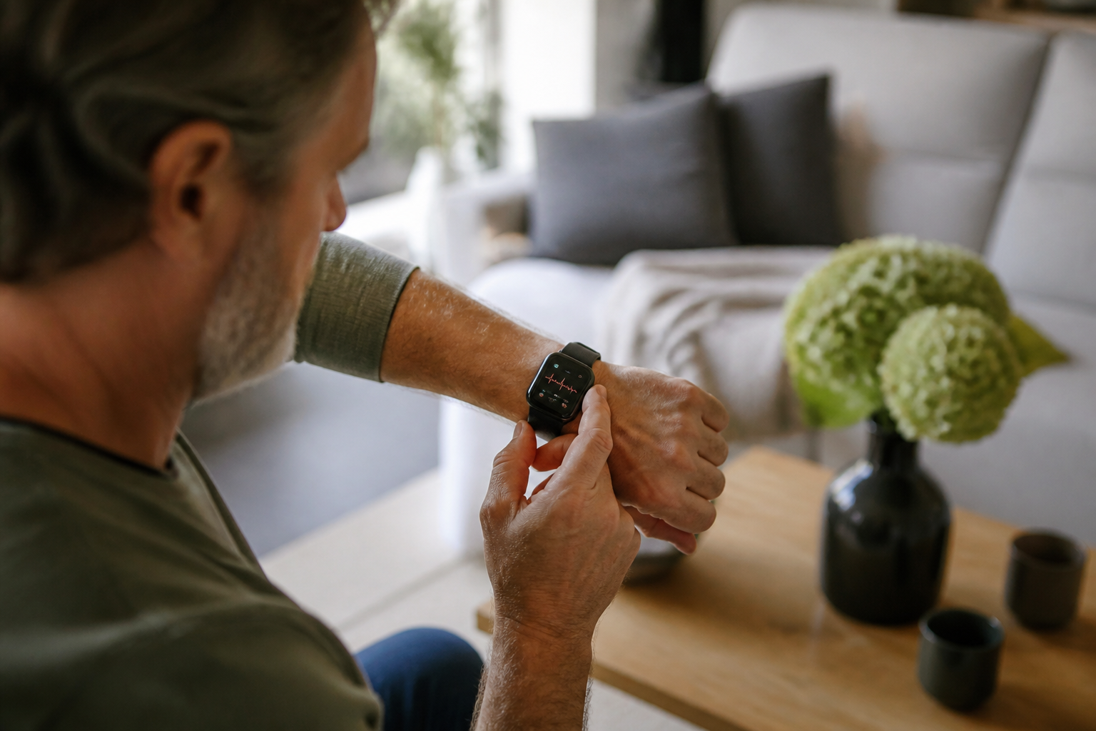 Een persoon die een hartfilmpje of ECG maakt met een geavanceerde smartwatch.