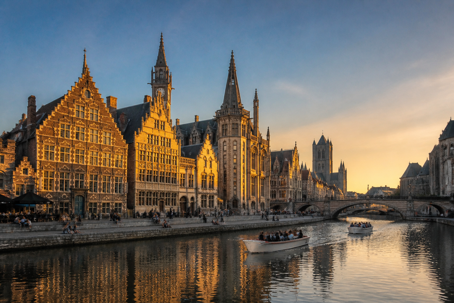 Panoramisch uitzicht op de Graslei en Korenlei in Gent tijdens een zonnige namiddag bij een bezoek.