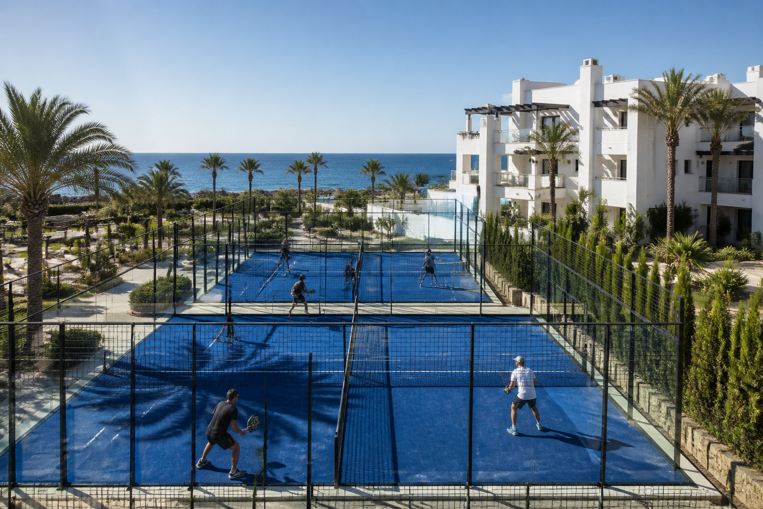 Luxe hotel met moderne padelbanen aan de kust van Spanje onder een strakblauwe lucht.