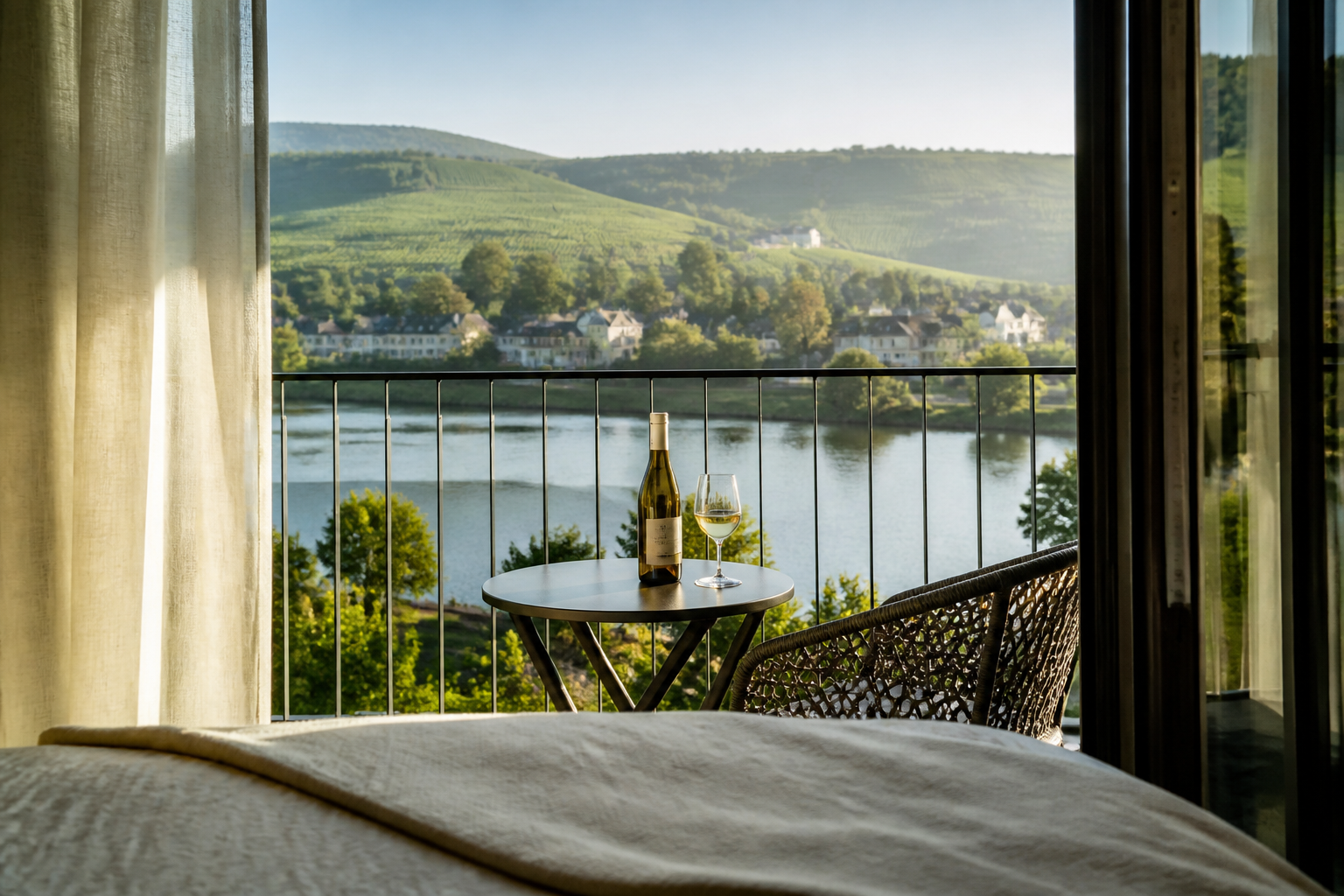 Uitzicht vanaf een balkon van een hotel in Cochem over de rivier en wijngaarden