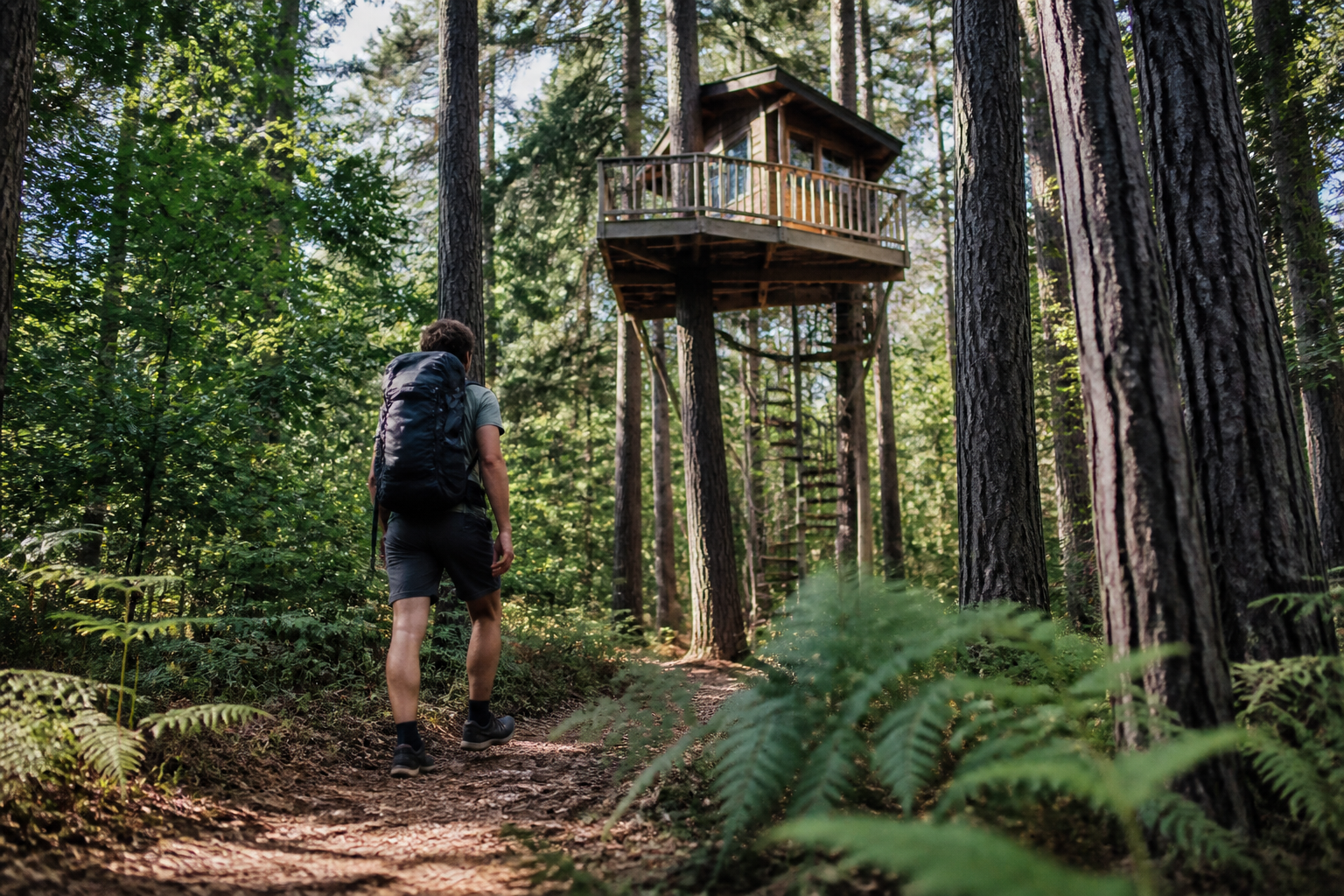 Wandelaar bij een boomhut overnachting in een groen bosgebied voor een actieve vakantie.