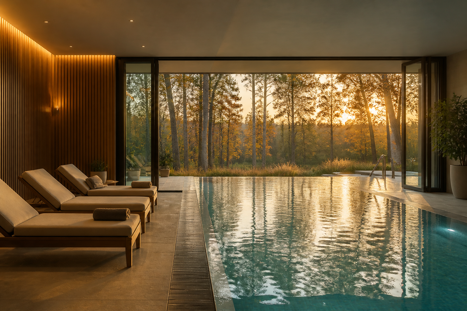 Een luxe wellnessruimte in een accommodatie met zwembad en uitzicht op de natuur voor optimale ontspanning.