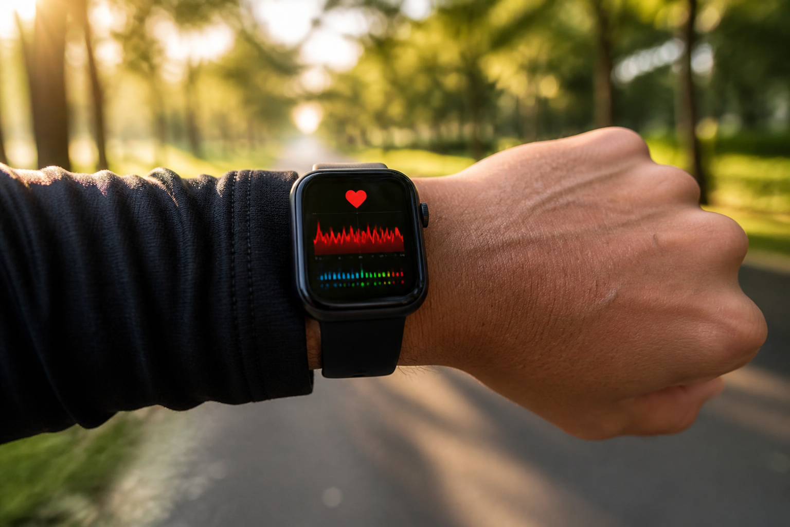 Close-up van een moderne smartwatch met hartslagmeting tijdens een wandeling in een zonnig park.