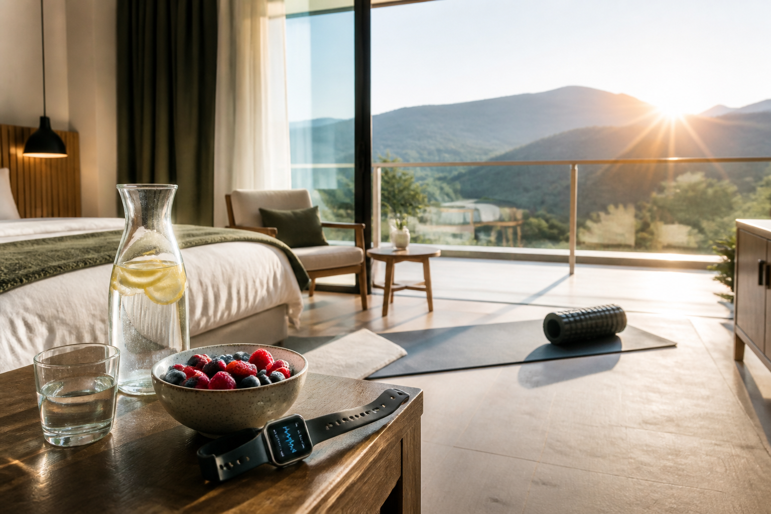 Sportvoeding herstel amateursporter in een luxe sportvriendelijke hotelkamer met gezonde maaltijd en fitness tracker.