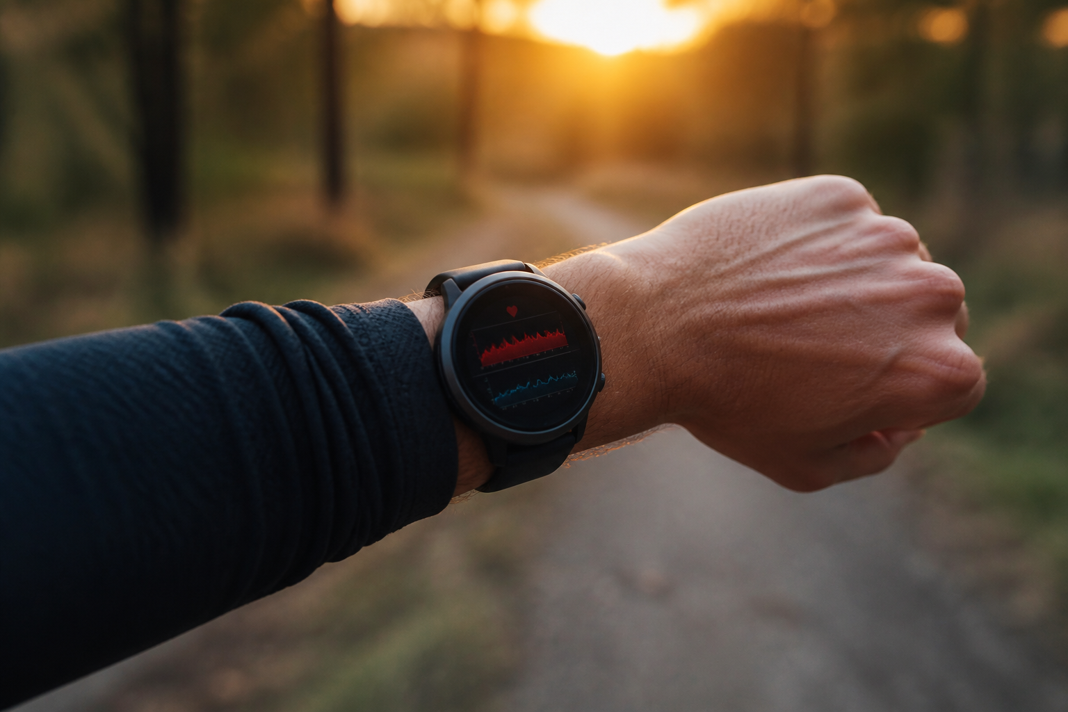 Close-up van een smartwatch voor fitness om de pols van een sporter tijdens een training in de natuur bij zonsondergang.