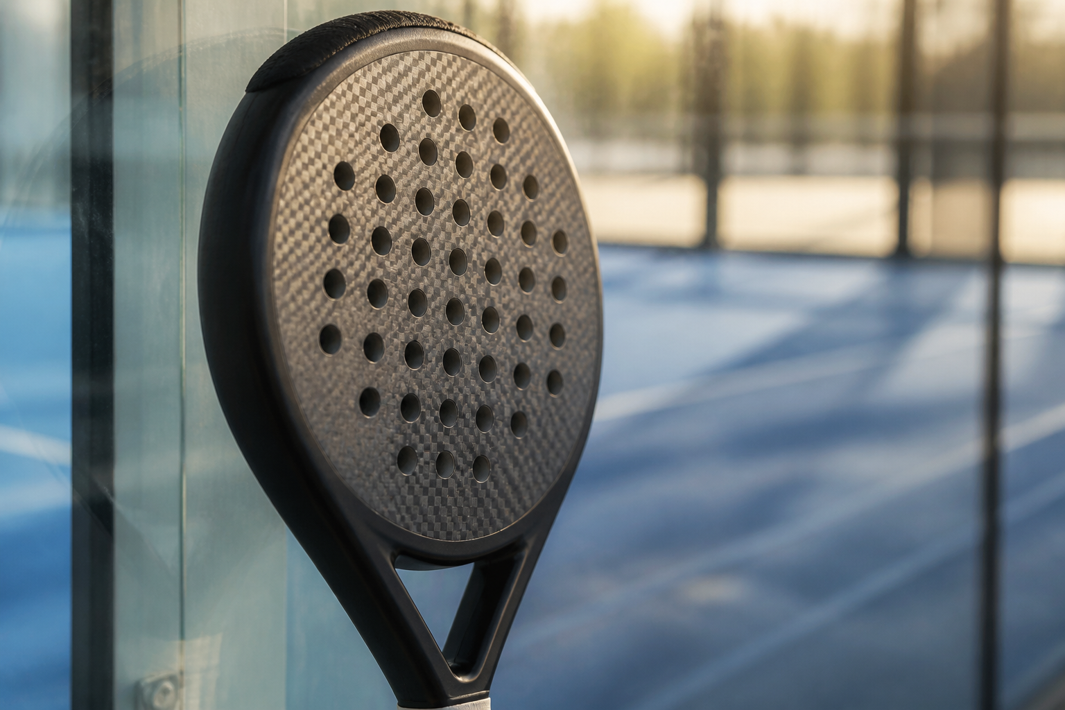 Close-up van een kwalitatief padelracket ter illustratie van de levensduur padelracket en duurzame materialen.