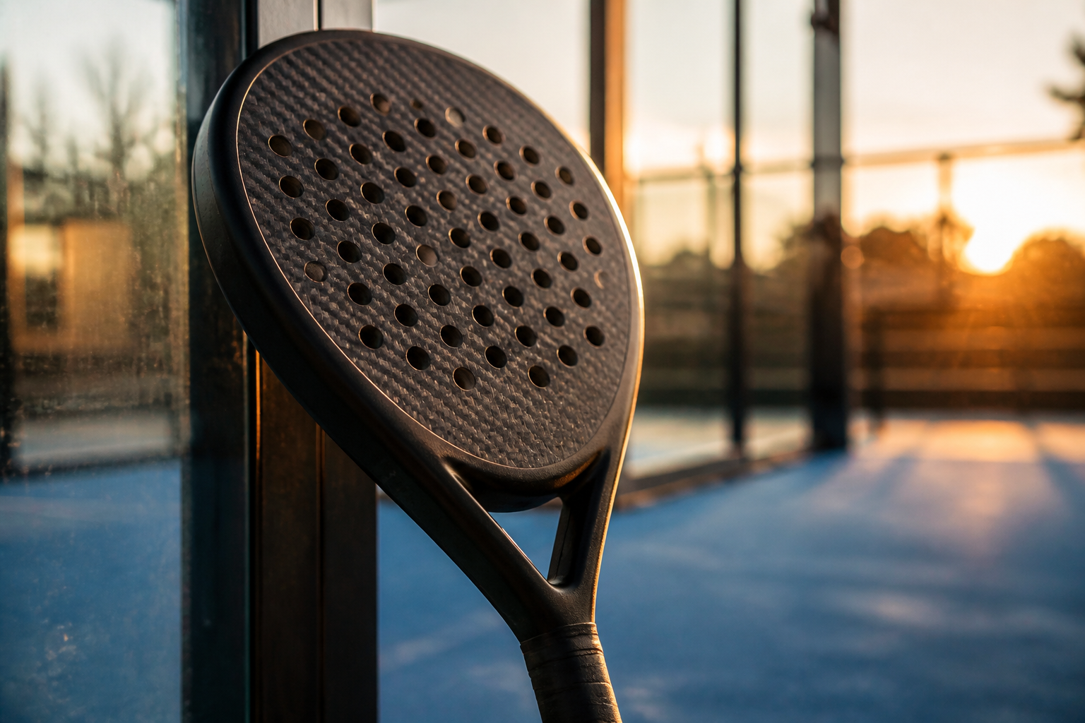 Professioneel diamantvormig padelracket met 18K carbon structuur voor gevorderde spelers op een moderne padelbaan.