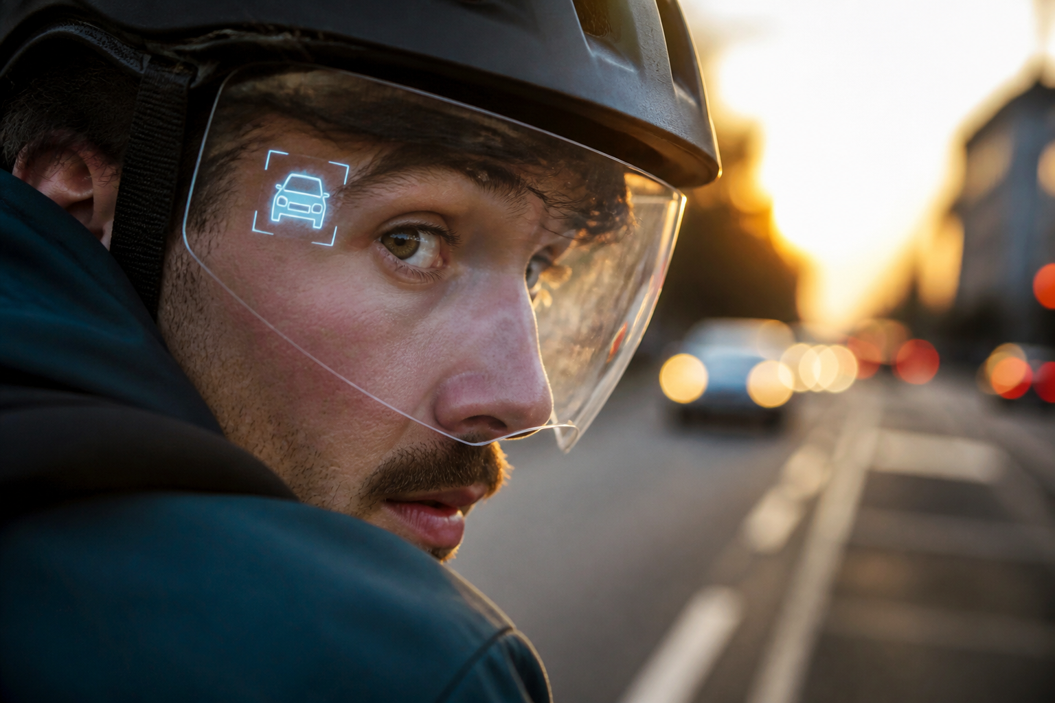 Heads-up display waarschuwing voor naderend verkeer via de fietscomputer met helm koppelen.