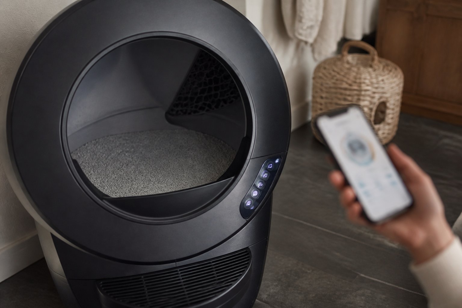 Close-up van de Litter-Robot 4 met focus op het bedieningspaneel en de ruime ingang.