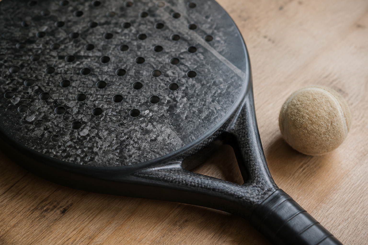 Gedetailleerde weergave van duurzame materialen in een modern padelracket voor beginnende spelers.