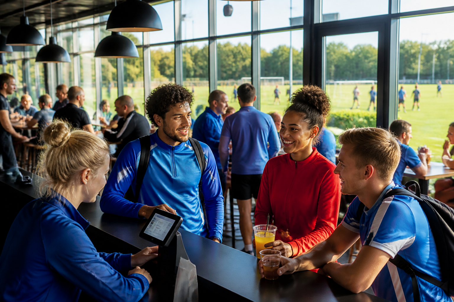 Vrijwilligers en leden in een moderne kantine die helpen bij het geld inzamelen voor je sportvereniging tijdens een wedstrijd