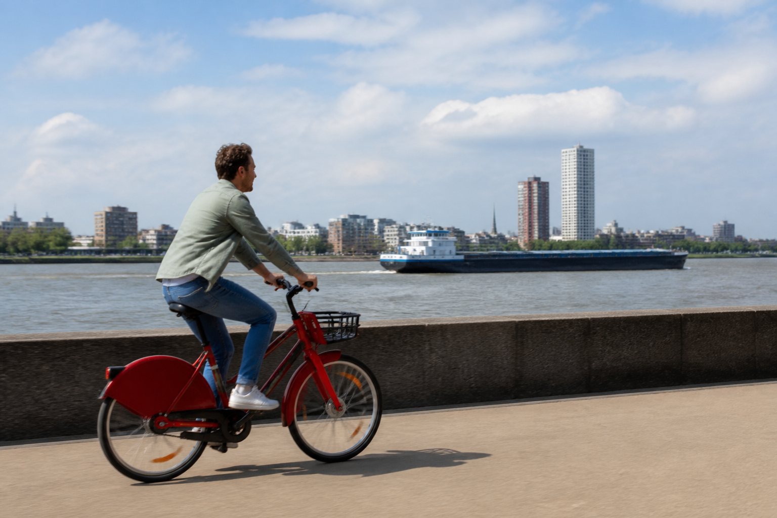 Actief bewegen in Antwerpen door te fietsen langs de moderne Scheldekaaien met uitzicht op de rivier.
