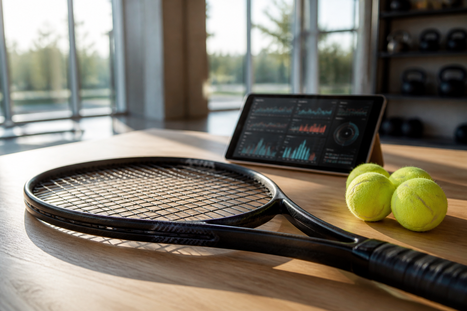 Elegante presentatie van een modern tennisracket voor het maken van de juiste keuze op basis van speelstijl.