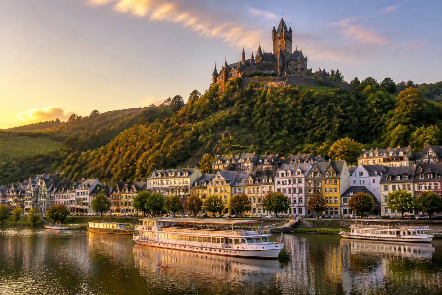 Panoramisch uitzicht op de beste hotels in Cochem langs de Moezel met de Rijksburcht op de achtergrond
