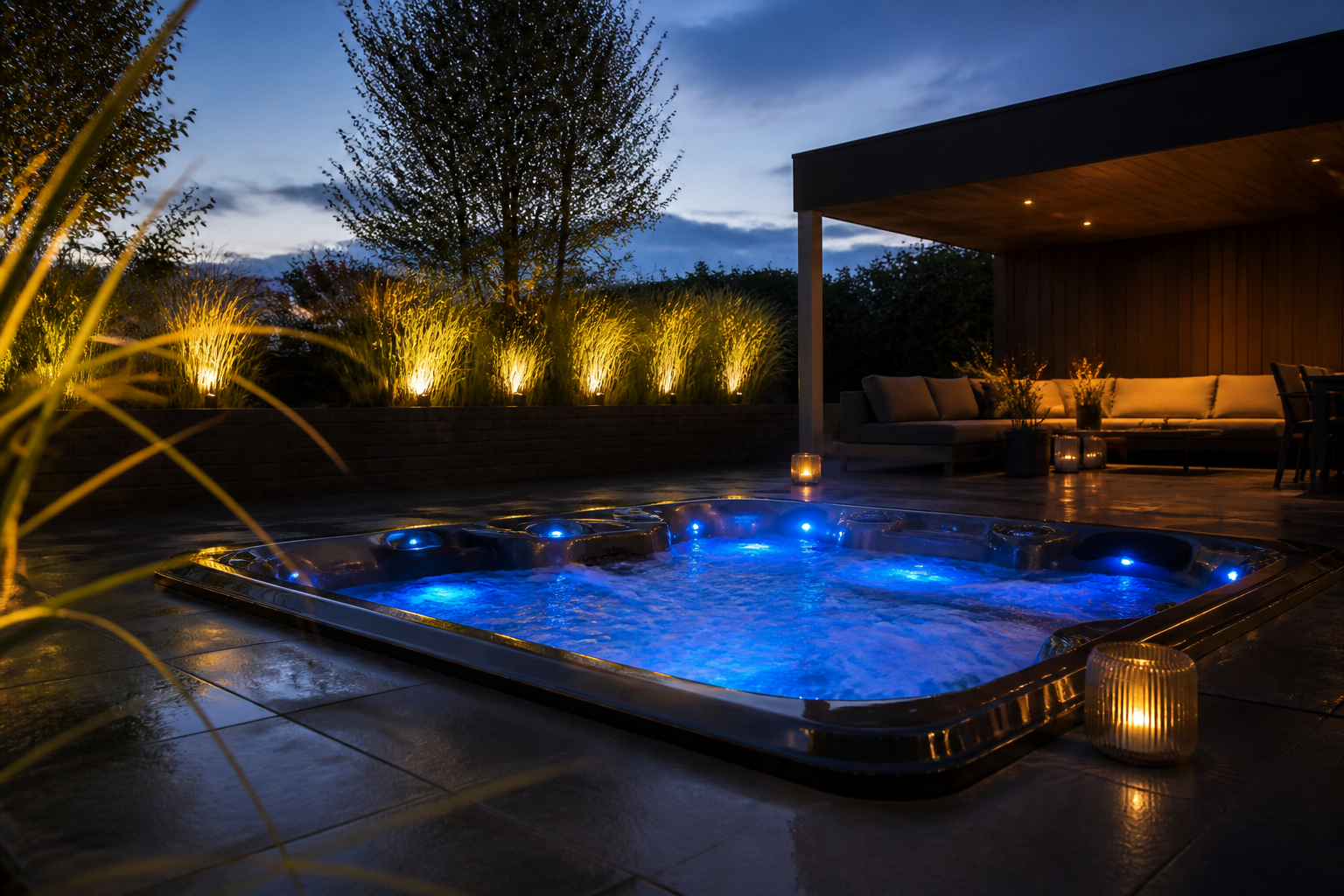 Luxe verlichte jacuzzi in een moderne tuin tijdens de avond voor optimale ontspanning.