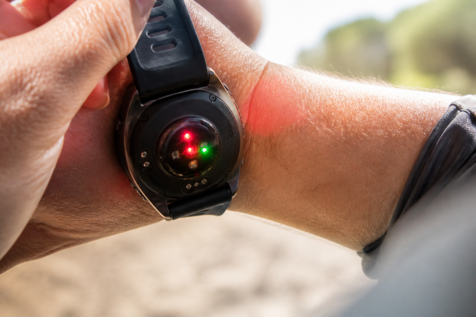 Geavanceerde sensoren aan de onderkant van een sporthorloge voor nauwkeurige biometrische metingen.