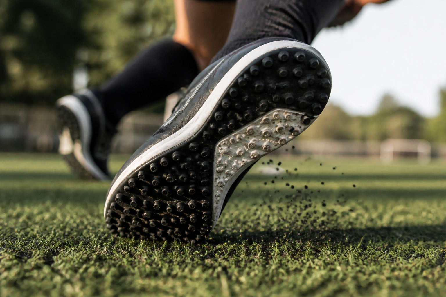 Gedetailleerde weergave van de tractie van sportschoenen voor kunstgras tijdens een sprint.