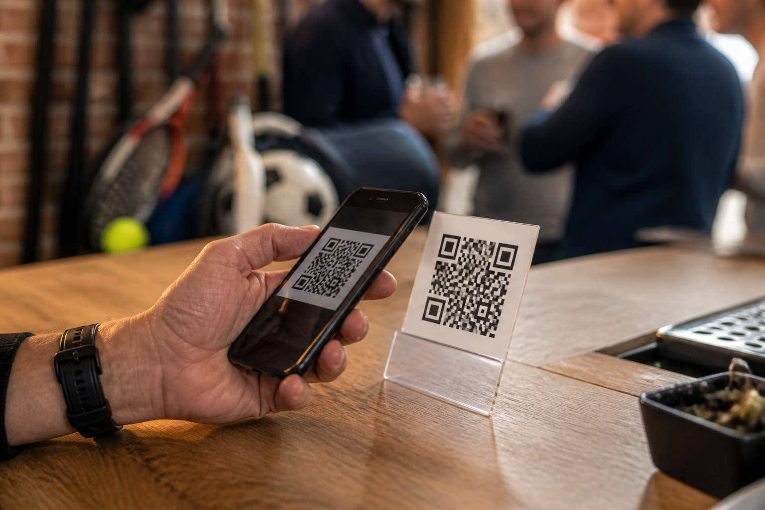 Digitaal geld inzamelen voor de sportvereniging via een QR-code bij de bar in het clubhuis.
