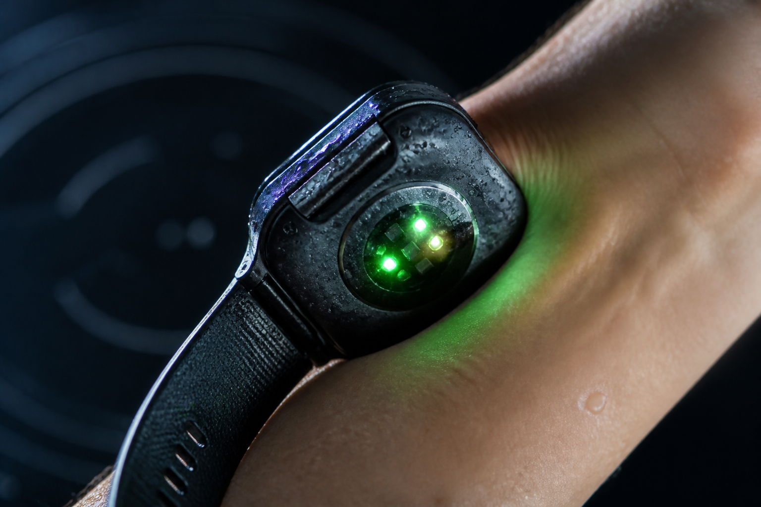 Detailopname van de hartslagsensor aan de onderzijde van een smartwatch voor fitness die groen licht uitstraalt.