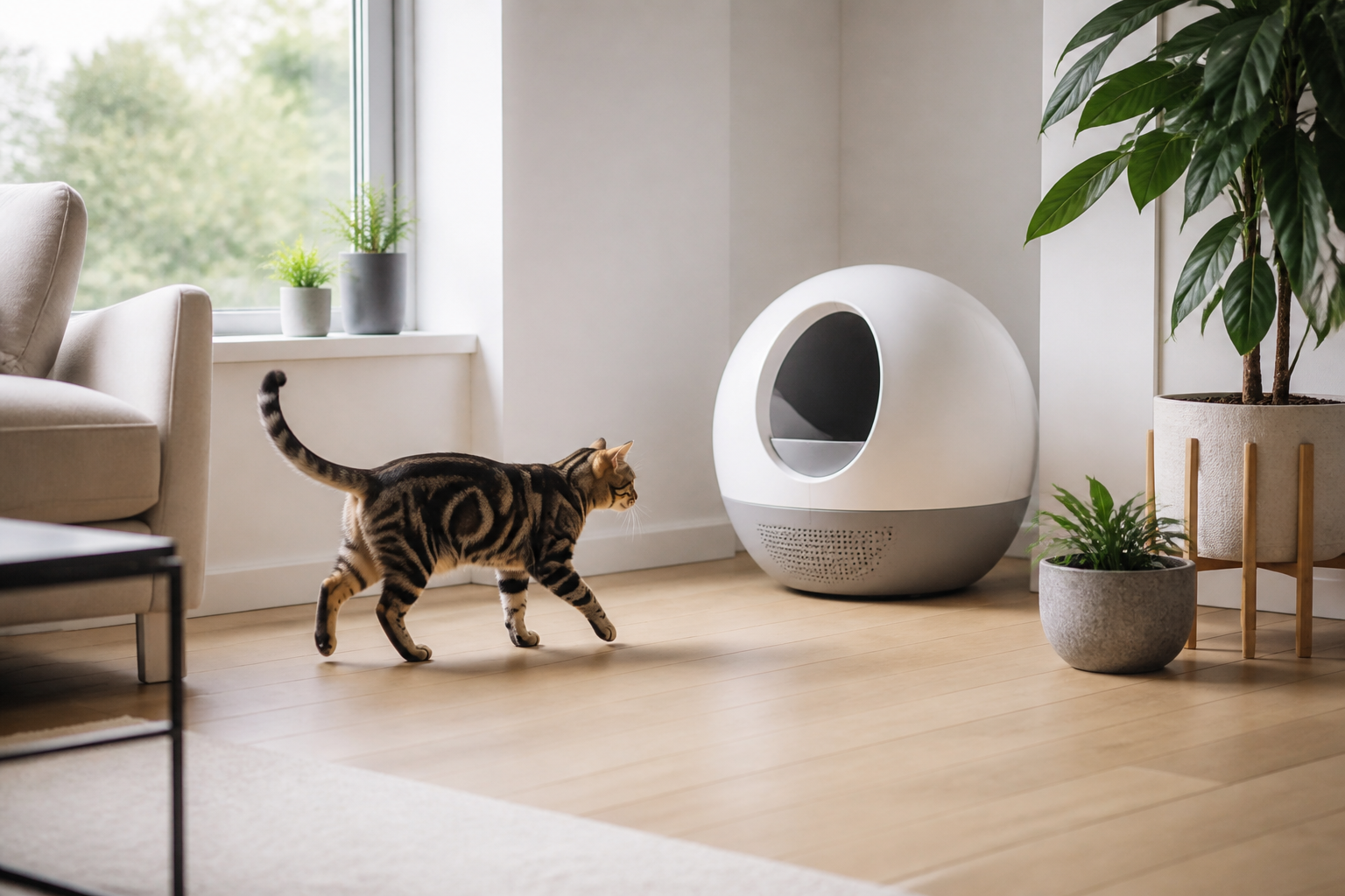 Een moderne zelfreinigende kattenbak in een licht interieur met een nieuwsgierige kat.