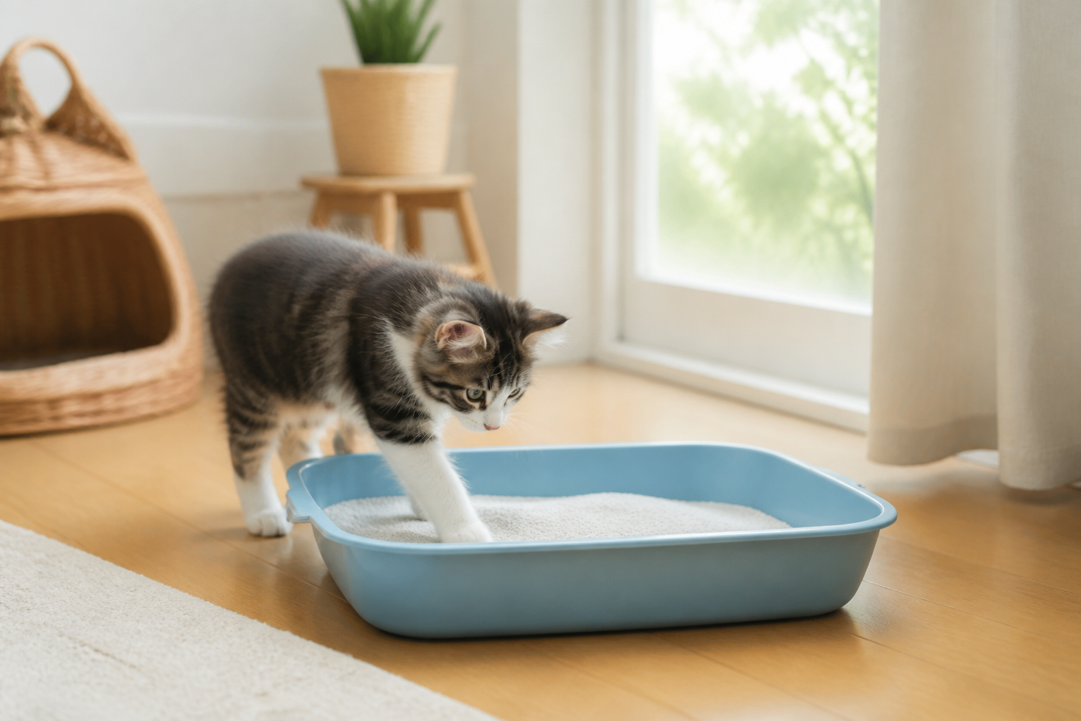 Kitten zindelijk maken kattenbak op een natuurlijke en rustige manier in een huiselijke omgeving.