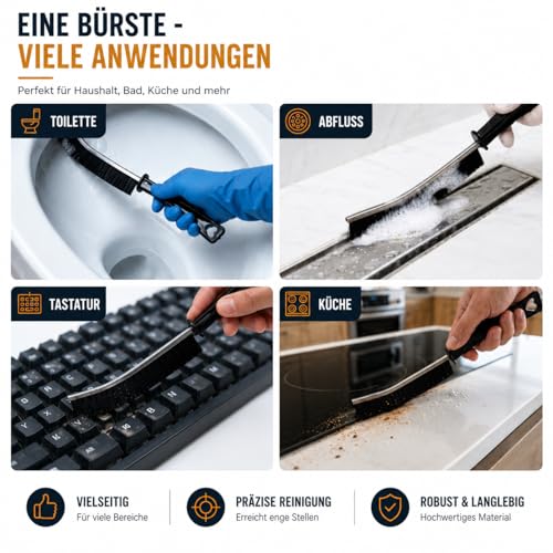Driedelige zwarte dieptereinigingsborstels met slanke kop en ergonomisch handvat voor het schoonmaken van voegen.