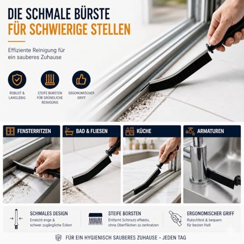 Driedelige zwarte dieptereinigingsborstels met slanke kop en ergonomisch handvat voor het schoonmaken van voegen.