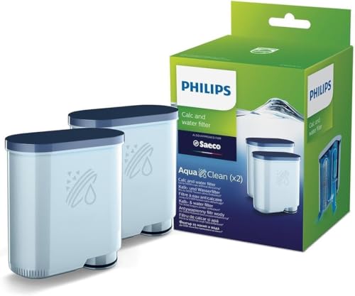 Twee Philips AquaClean waterfilters voor espressomachines in de originele blauwe verpakking