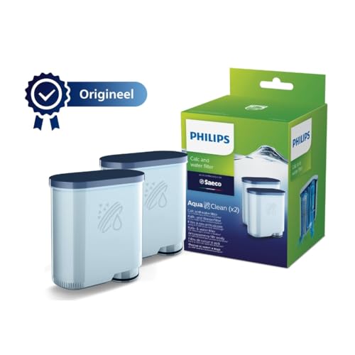 Twee Philips AquaClean waterfilters voor espressomachines in de originele blauwe verpakking