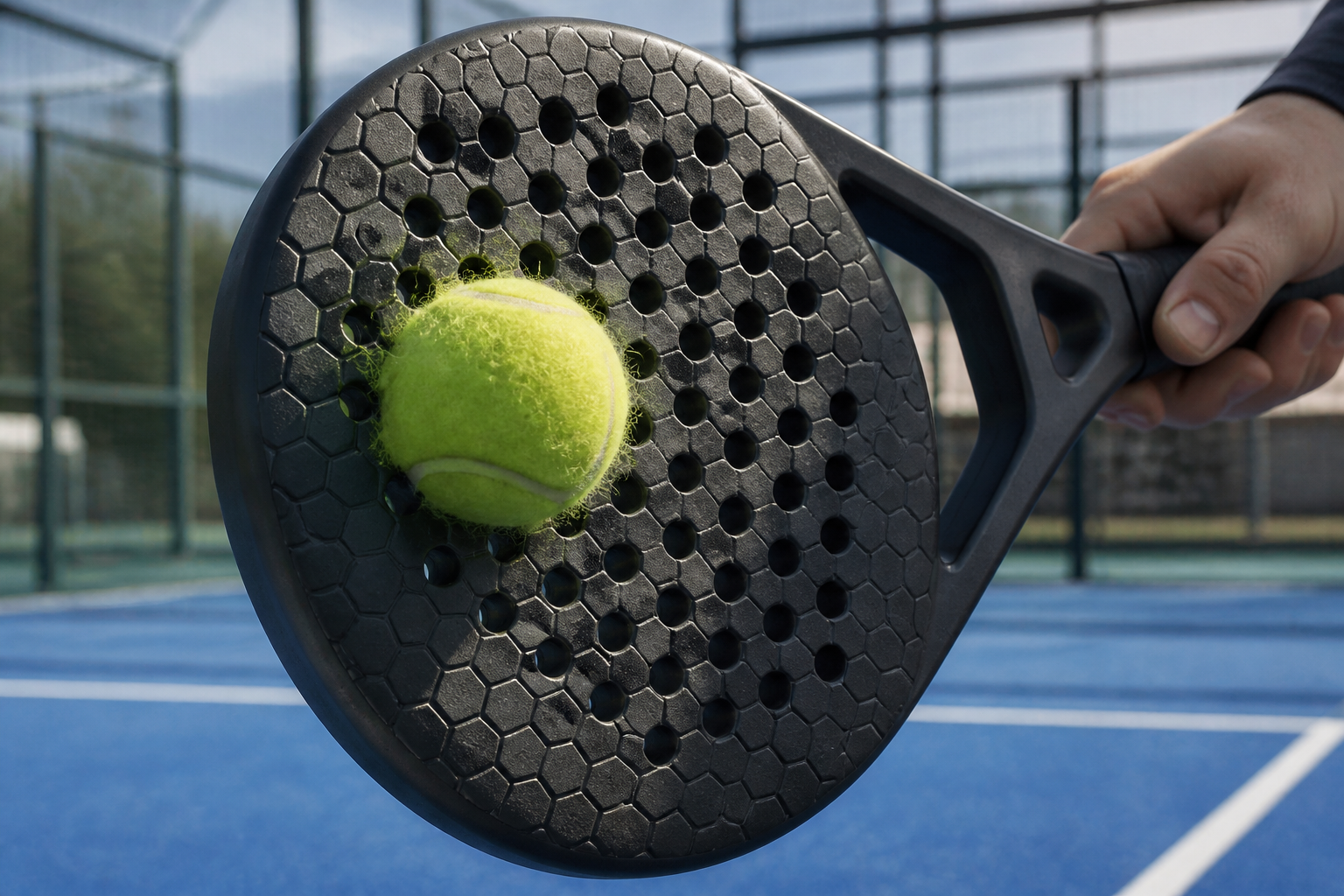 Close-up van een padelracket oppervlak met spin structuur en een bal tijdens impact.