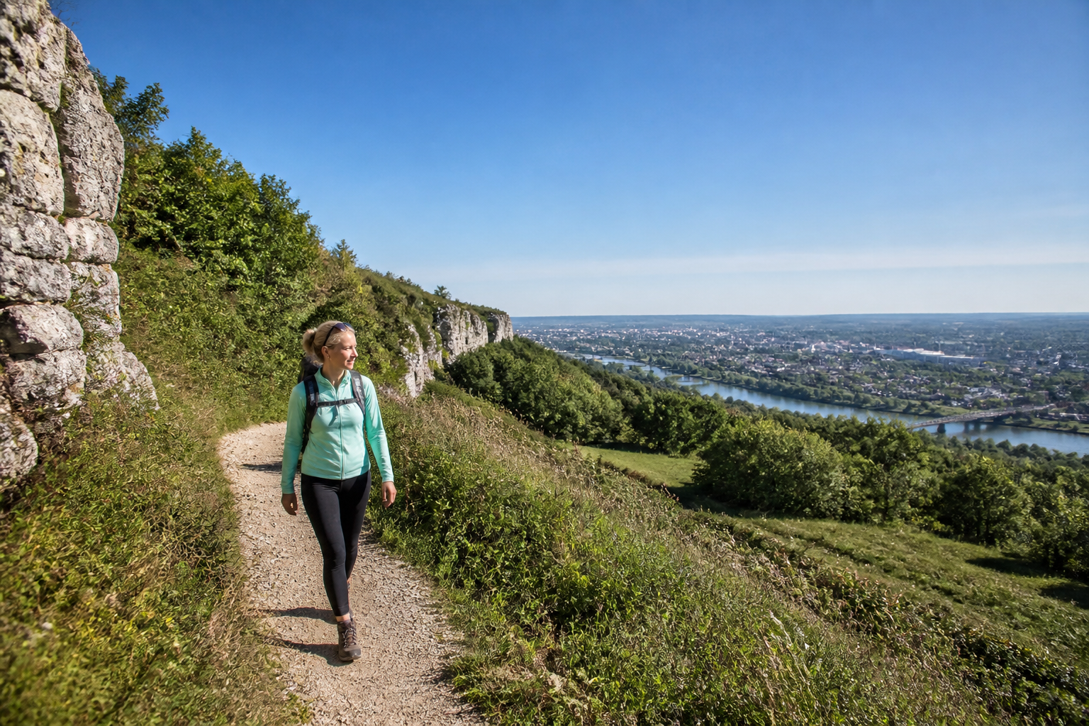 Actieve wandelaar geniet van het uitzicht over Maastricht vanaf de Sint Pietersberg.