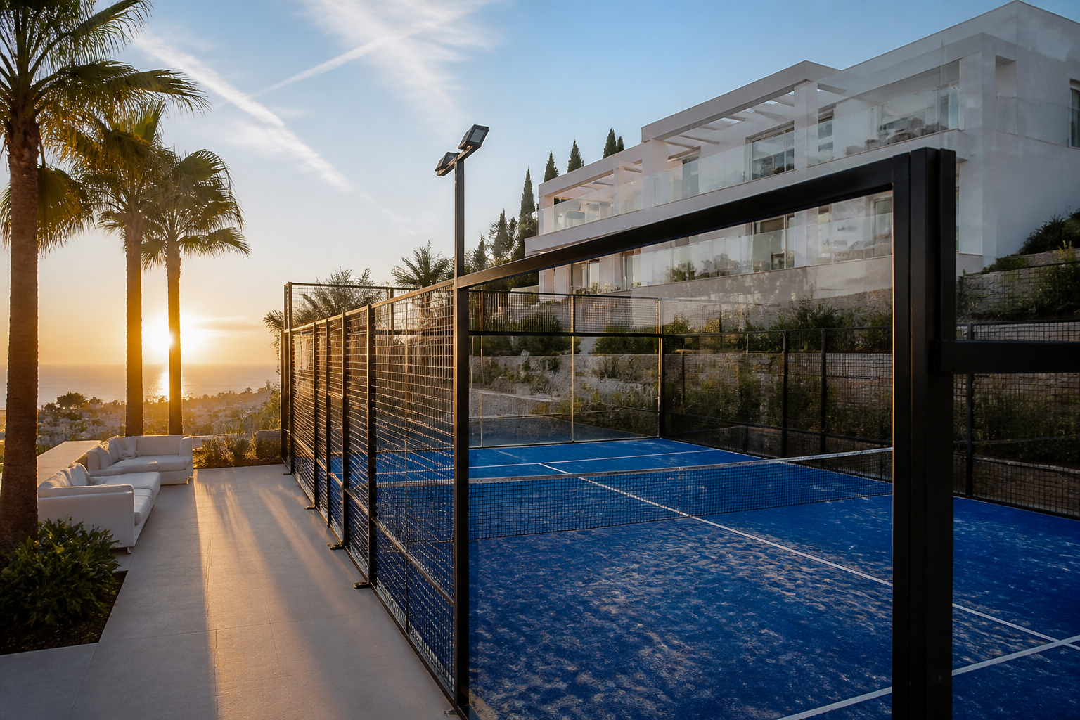 Luxe moderne villa met prive padelbaan en uitzicht op zee in Marbella Spanje bij zonsondergang