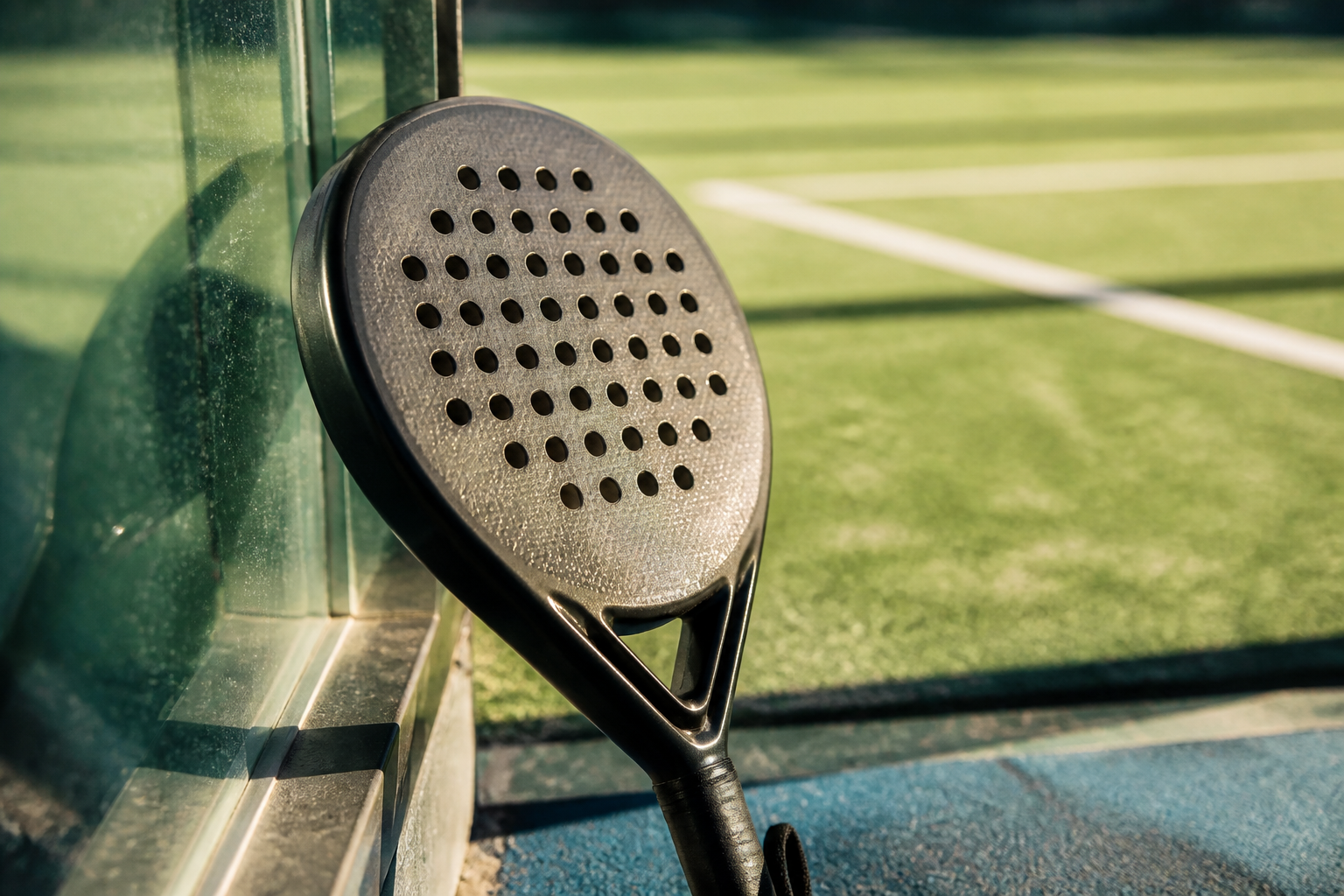 Een rond padelracket voor beginners leunend tegen een glaswand op een zonnige padelbaan.