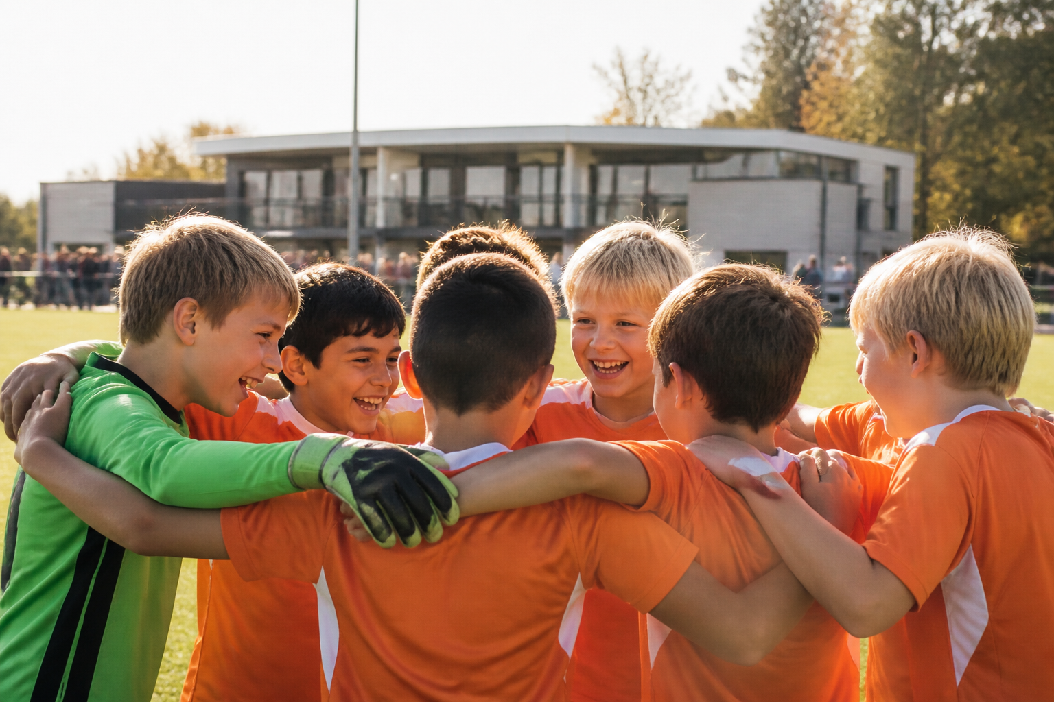 Jonge sporters op een veld bij de start van het seizoen voor het geld inzamelen sportvereniging project.