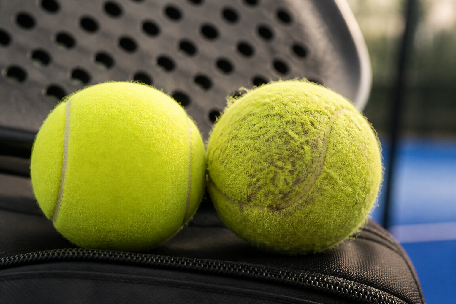 Verschil tussen een nieuwe en versleten padelbal door gebruik van een ruw racketoppervlak.
