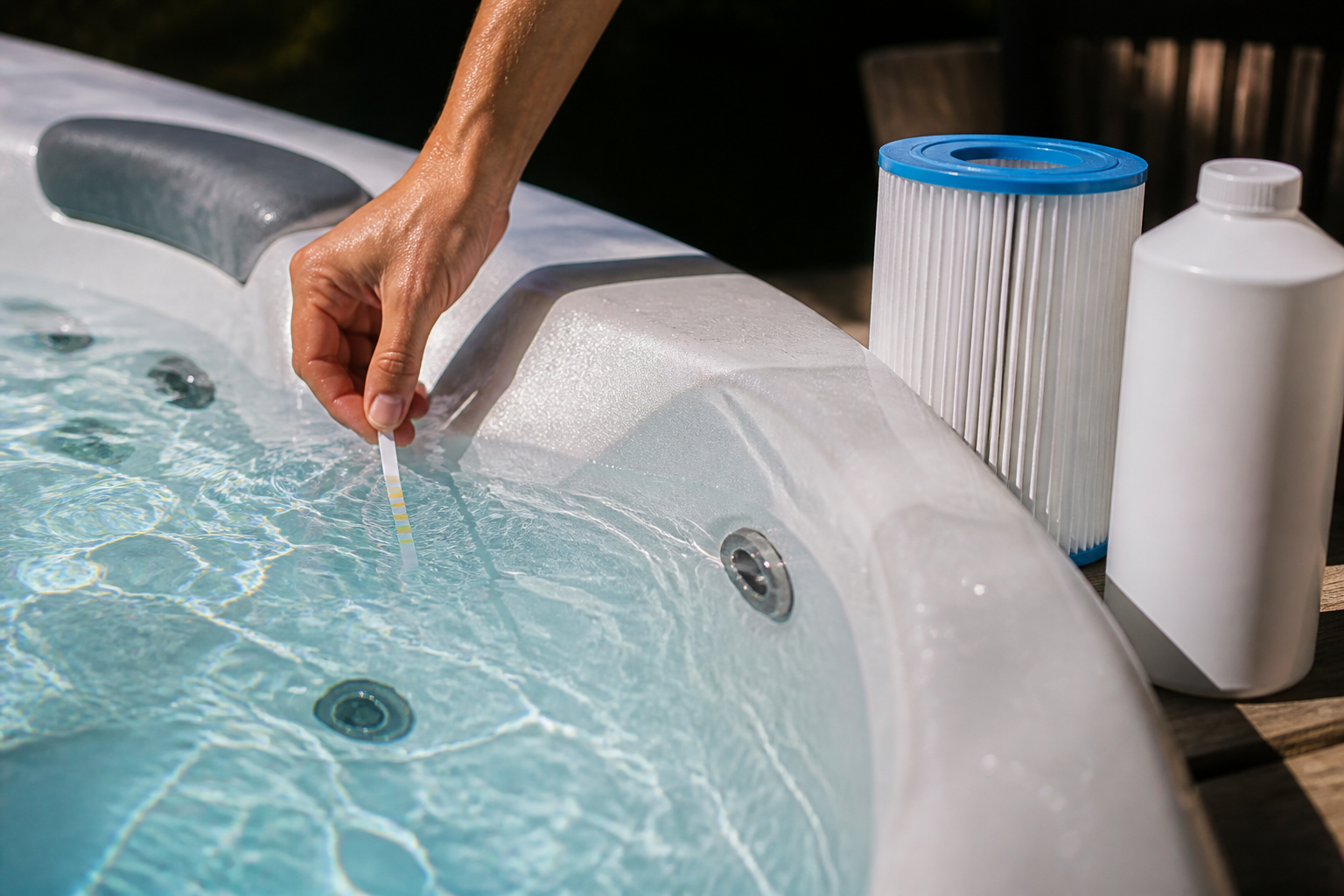 Onderhoud van een jacuzzi met focus op waterkwaliteit en het schoonmaken van filters. Voor meer context, zie <a href="{BASE}product/1e82ed6f-2c36-40f4-9d80-8128d11256b5">actuele aanbiedingen vergelijken</a>. Meer informatie vind je in Japanese Love Hotels.