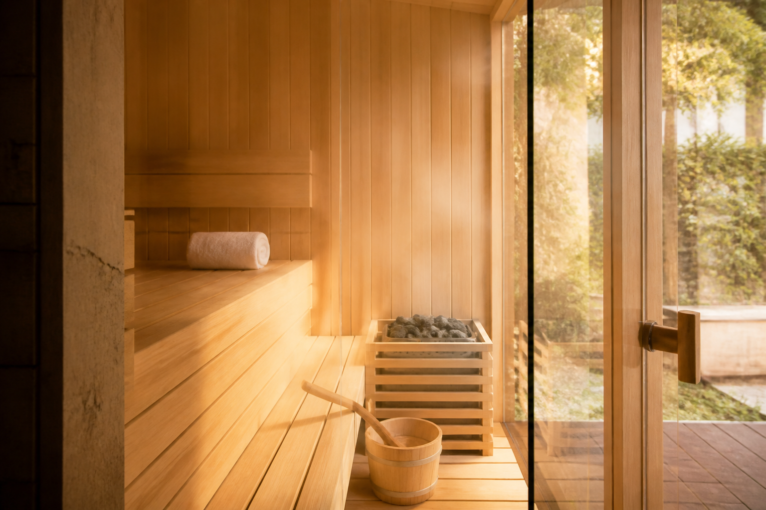 Interieur van een moderne houten sauna met sfeerverlichting ter illustratie van de gezondheidsvoordelen van saunas.