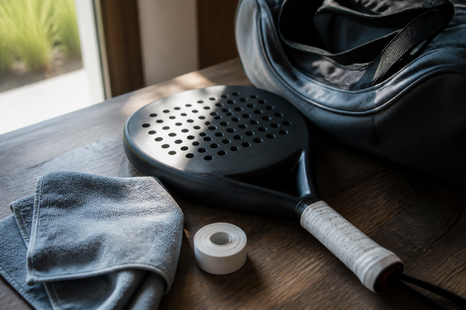 Een padelracket op een tafel met onderhoudsaccessoires zoals een doek en grip, gericht op padelracket onderhouden.