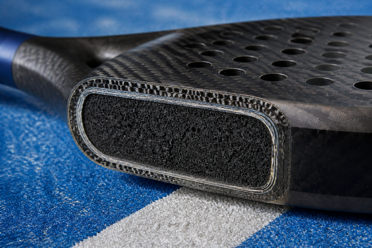 Gedetailleerde weergave van de interne materialen en carbon lagen van een geavanceerd padelracket voor gevorderden.