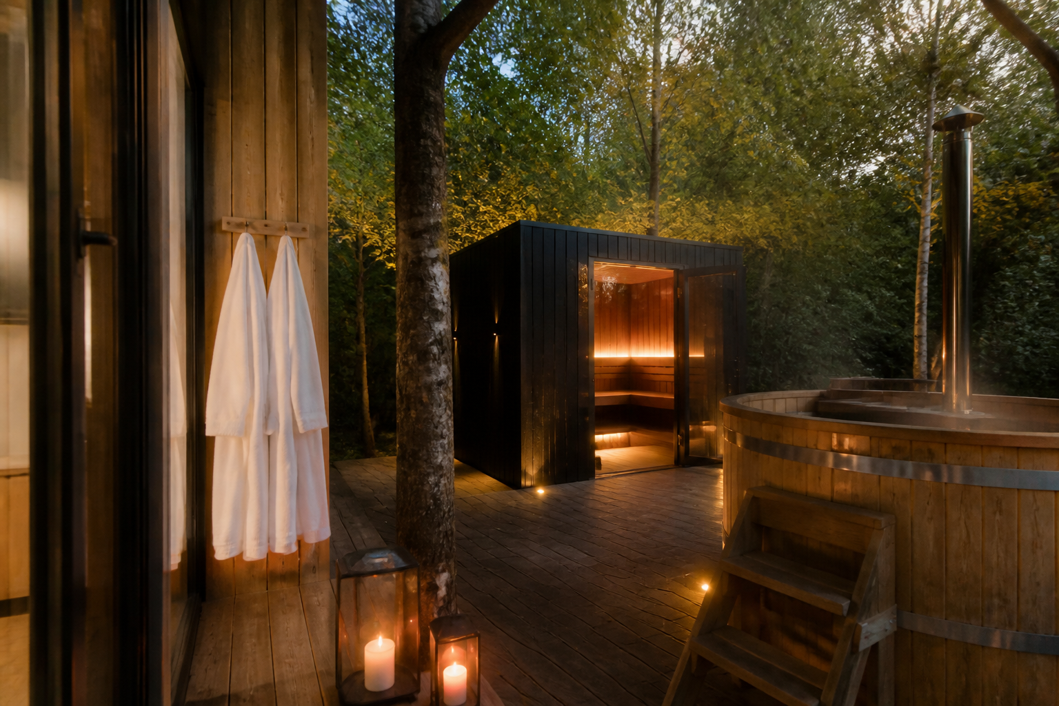 Prive-wellness faciliteiten bij een accommodatie inclusief sauna en hottub voor maximale privacy.