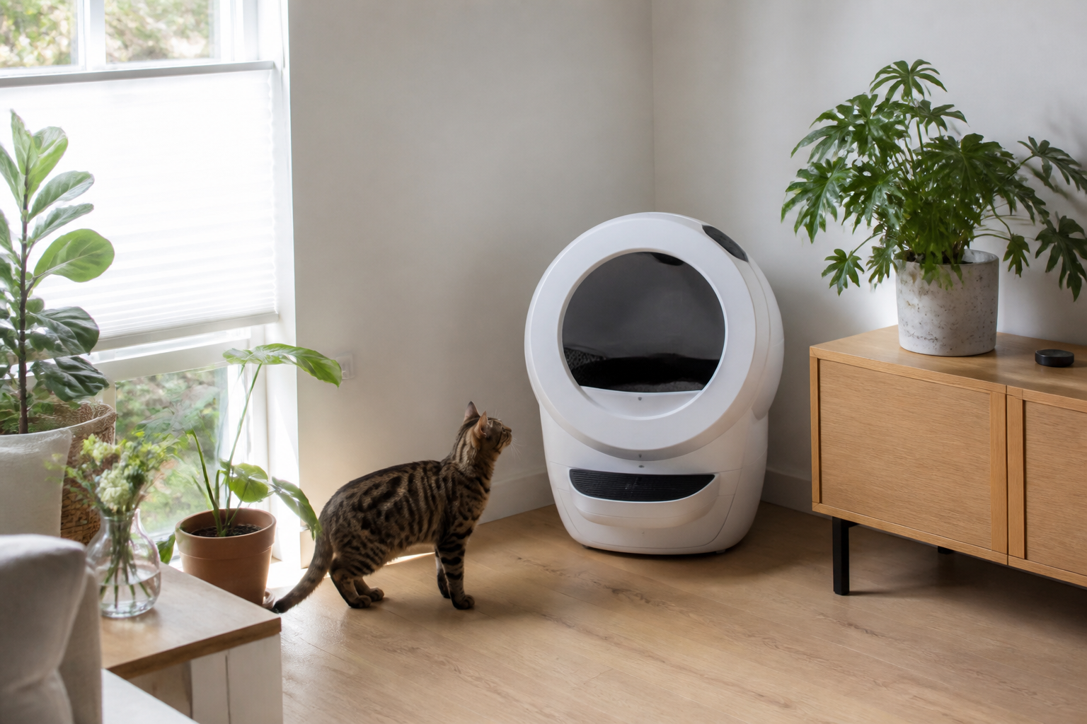 Een moderne witte beste automatische kattenbak in een lichte woonkamer met een nieuwsgierige kat.