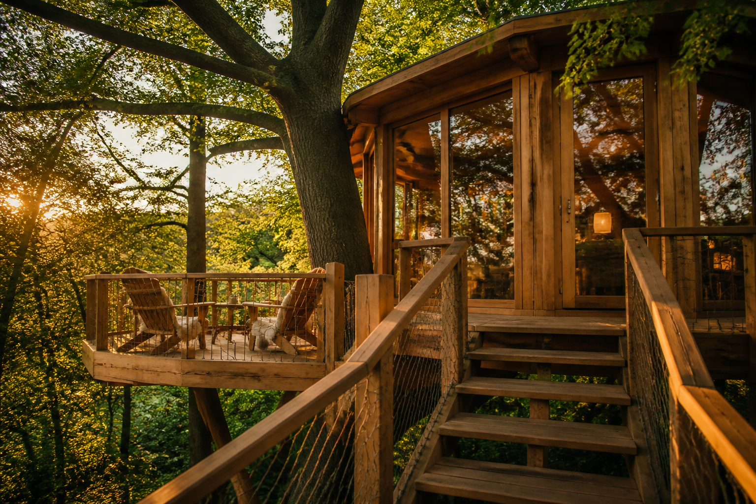 Luxe boomhut overnachting: slapen tussen de bomen tijdens een sfeervolle zonsondergang in het bos.